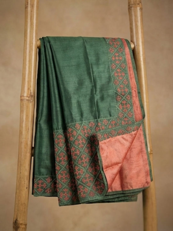 Indiehaat | Silkmark Tussar Silk Embroidery Saree Green