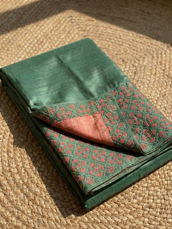 Indiehaat | Silkmark Tussar Silk Embroidery Saree Green