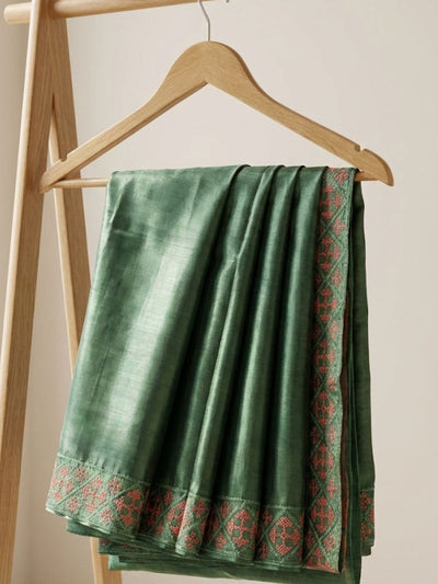 Indiehaat | Silkmark Tussar Silk Embroidery Saree Green