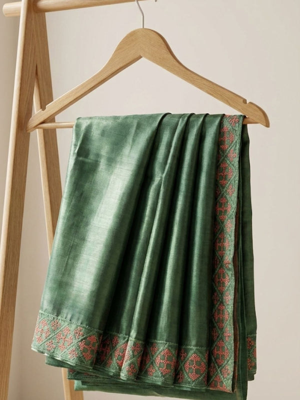 Indiehaat | Silkmark Tussar Silk Embroidery Saree Green