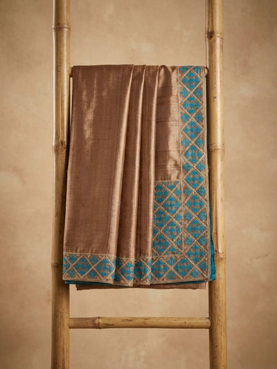 Indiehaat | Silkmark Tussar Silk Embroidery Saree Brown