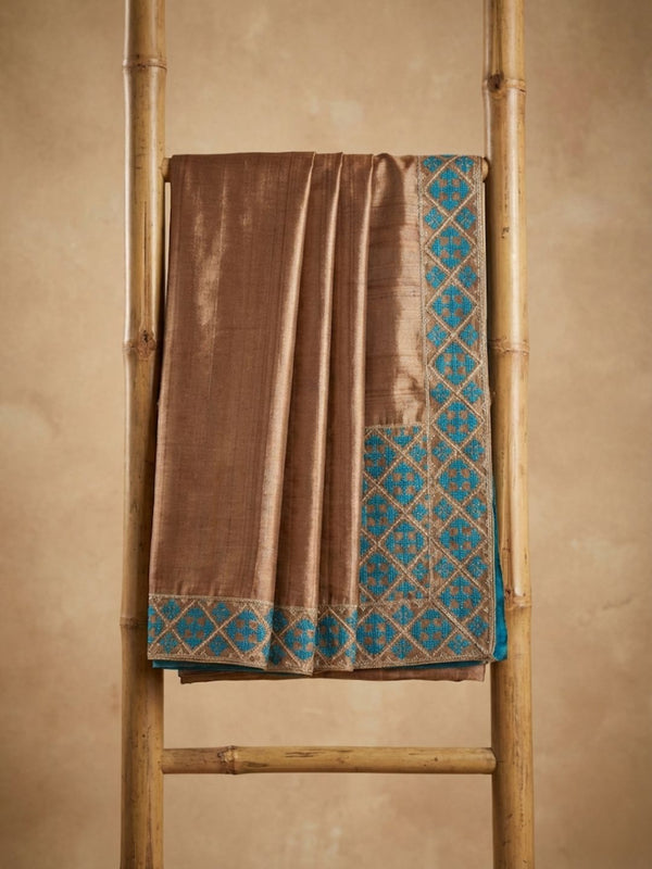 Indiehaat | Silkmark Tussar Silk Embroidery Saree Brown