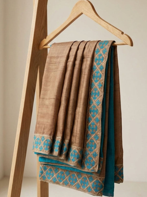 Indiehaat | Silkmark Tussar Silk Embroidery Saree Brown