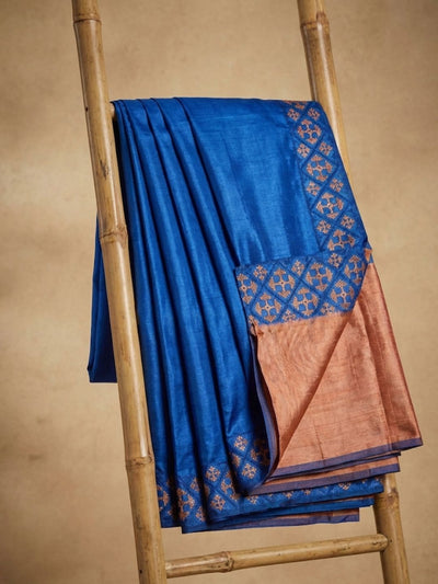 Indiehaat | Silkmark Tussar Silk Embroidery Saree Blue