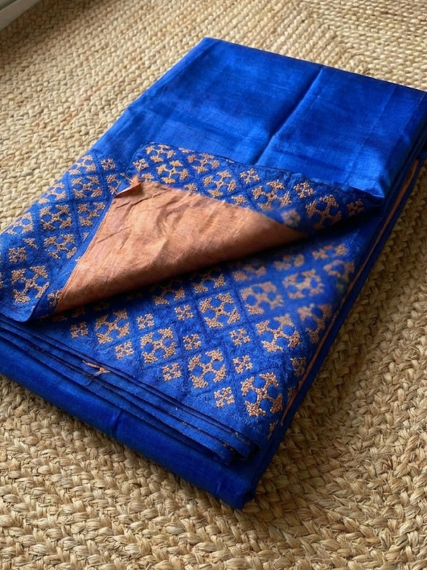 Indiehaat | Silkmark Tussar Silk Embroidery Saree Blue