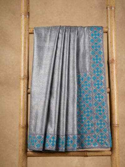 Indiehaat | Silkmark Tussar Silk Embroidery Saree Gray