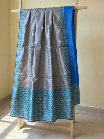 Indiehaat | Silkmark Tussar Silk Embroidery Saree Gray