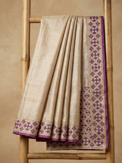 Indiehaat | Silkmark Tussar Silk Embroidery Saree Beige