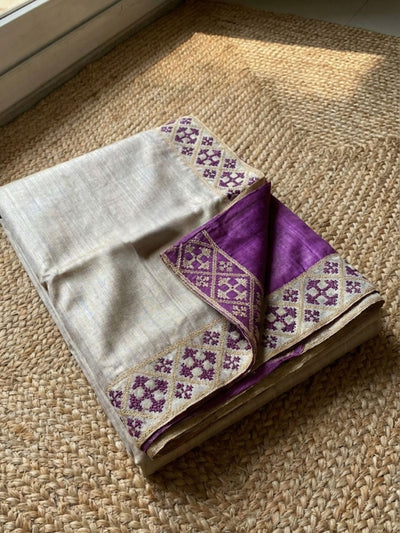 Indiehaat | Silkmark Tussar Silk Embroidery Saree Beige