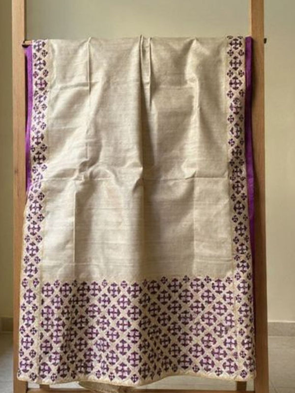 Indiehaat | Silkmark Tussar Silk Embroidery Saree Beige