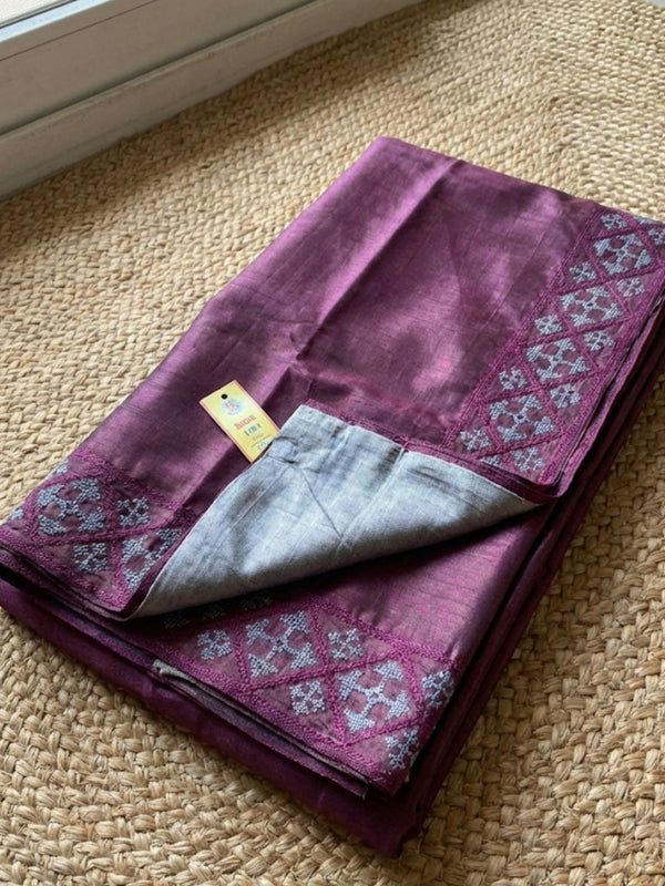 Indiehaat | Silkmark Tussar Silk Embroidery Saree Wine