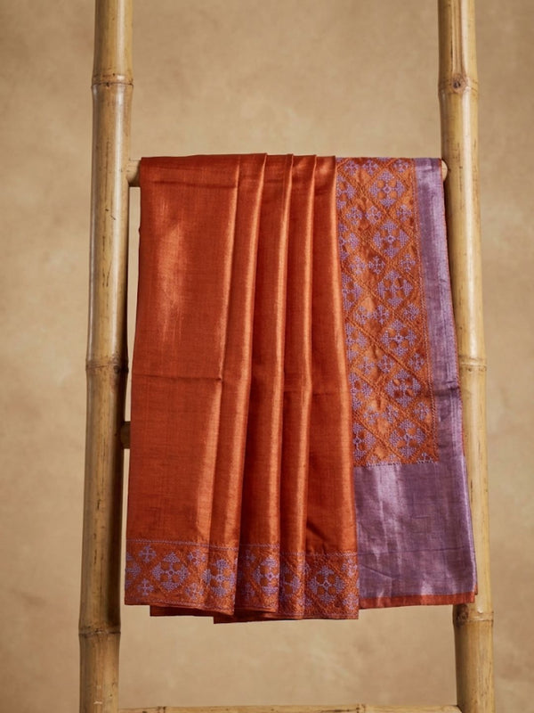 Indiehaat | Silkmark Tussar Silk Embroidery Saree Orange