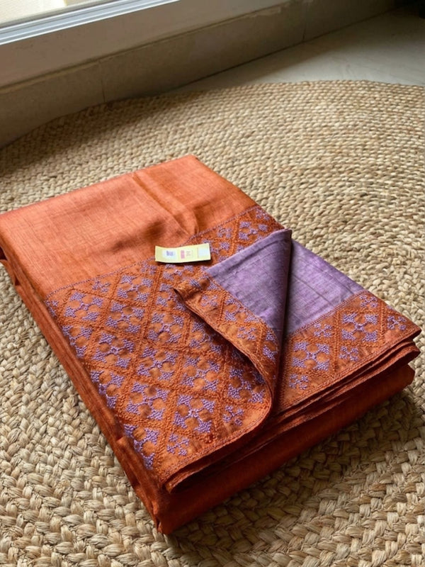 Indiehaat | Silkmark Tussar Silk Embroidery Saree Orange