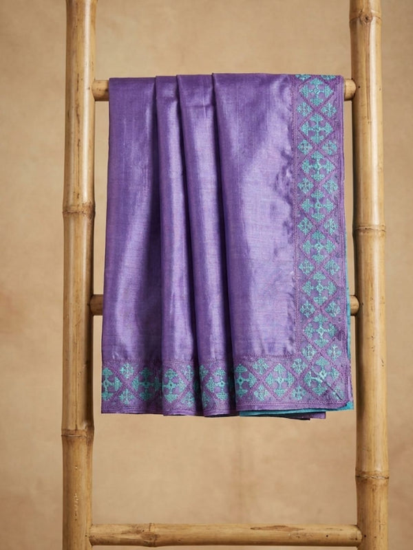 Indiehaat | Silkmark Tussar Silk Embroidery Saree Purple