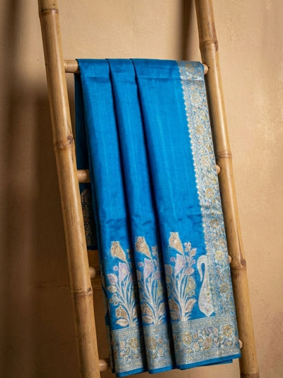 Indiehaat | Silkmark Tussar Silk Meenakari Saree Blue