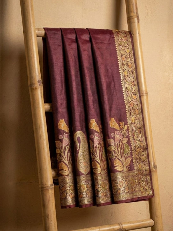 Indiehaat | Silkmark Tussar Silk Meenakari Saree Wine