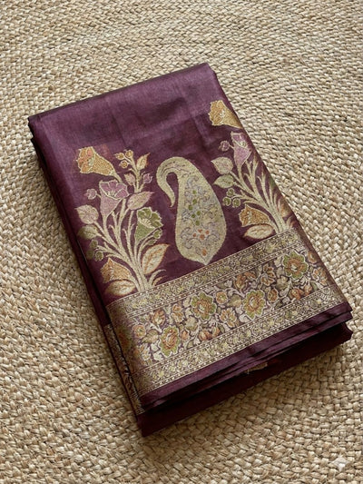 Indiehaat | Silkmark Tussar Silk Meenakari Saree Wine