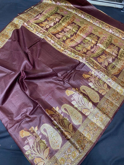Indiehaat | Silkmark Tussar Silk Meenakari Saree Wine