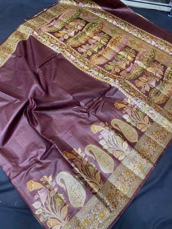 Indiehaat | Silkmark Tussar Silk Meenakari Saree Wine