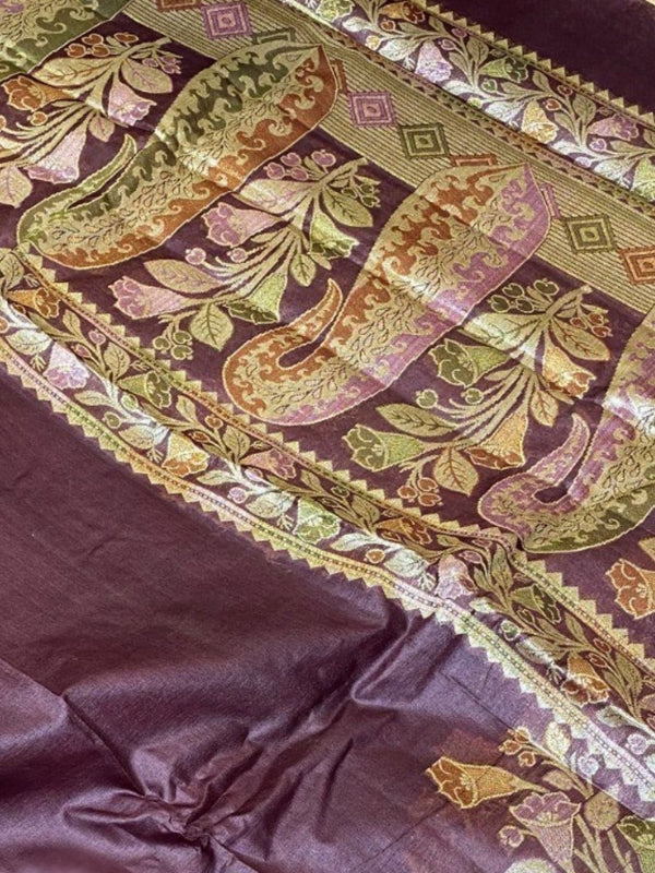 Indiehaat | Silkmark Tussar Silk Meenakari Saree Wine