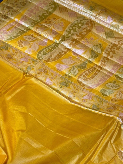 Indiehaat | Silkmark Tussar Silk Meenakari Saree Yellow