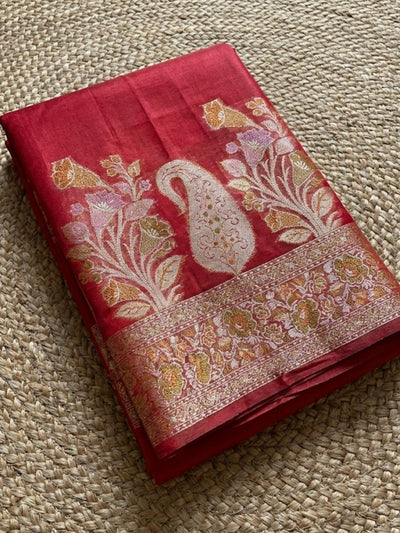 Indiehaat | Silkmark Tussar Silk Meenakari Saree Red