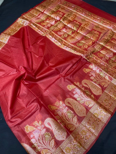Indiehaat | Silkmark Tussar Silk Meenakari Saree Red