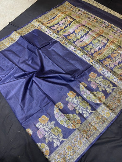 Indiehaat | Silkmark Tussar Silk Meenakari Saree Blue