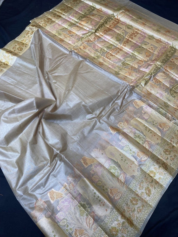Indiehaat | Silkmark Tussar Silk Meenakari Saree Gray
