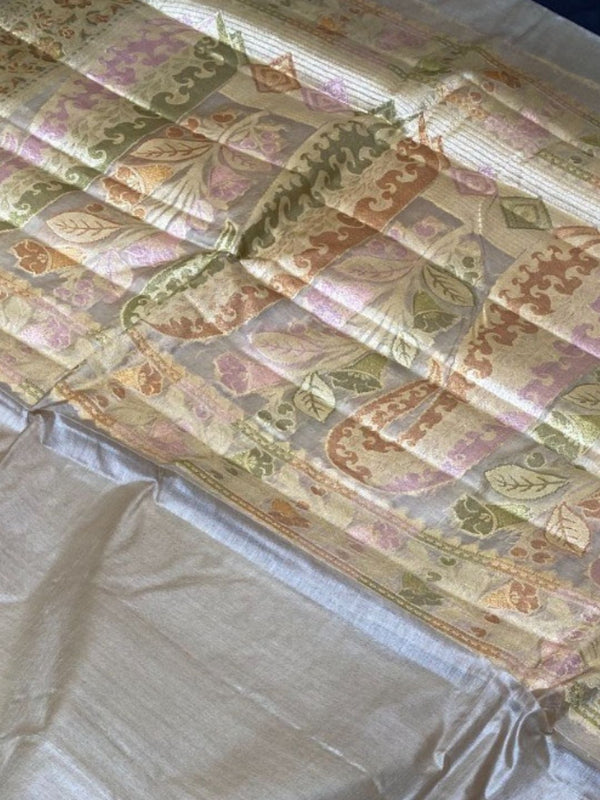 Indiehaat | Silkmark Tussar Silk Meenakari Saree Gray