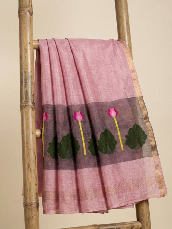 Indiehaat | Handloom Silk Linen Jamdani Saree Pink