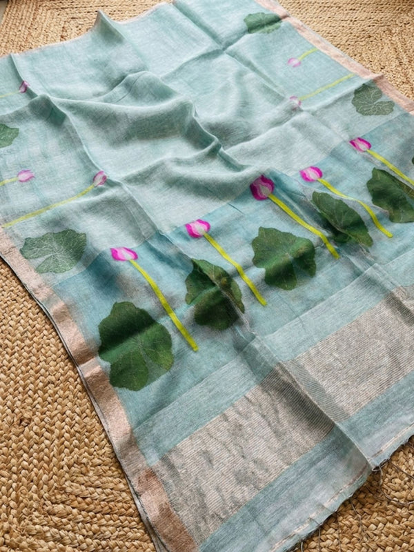 Indiehaat | Handloom Silk Linen Jamdani Saree Blue