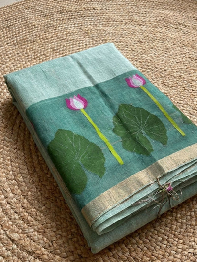 Indiehaat | Handloom Silk Linen Jamdani Saree Blue