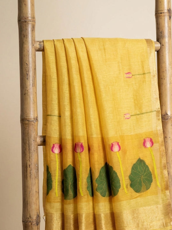 Indiehaat | Handloom Silk Linen Jamdani Saree Yellow
