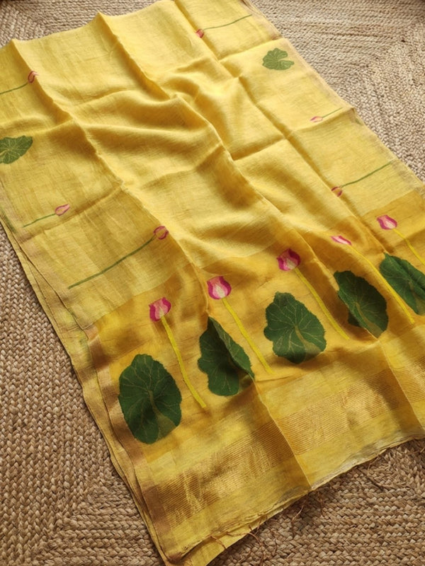 Indiehaat | Handloom Silk Linen Jamdani Saree Yellow