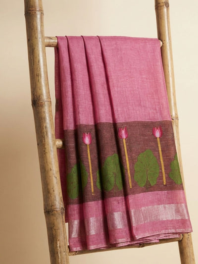 Indiehaat | Handloom Silk Linen Jamdani Saree Pink