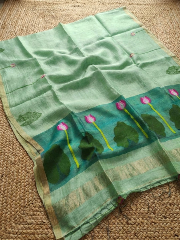 Indiehaat | Handloom Silk Linen Jamdani Saree Green