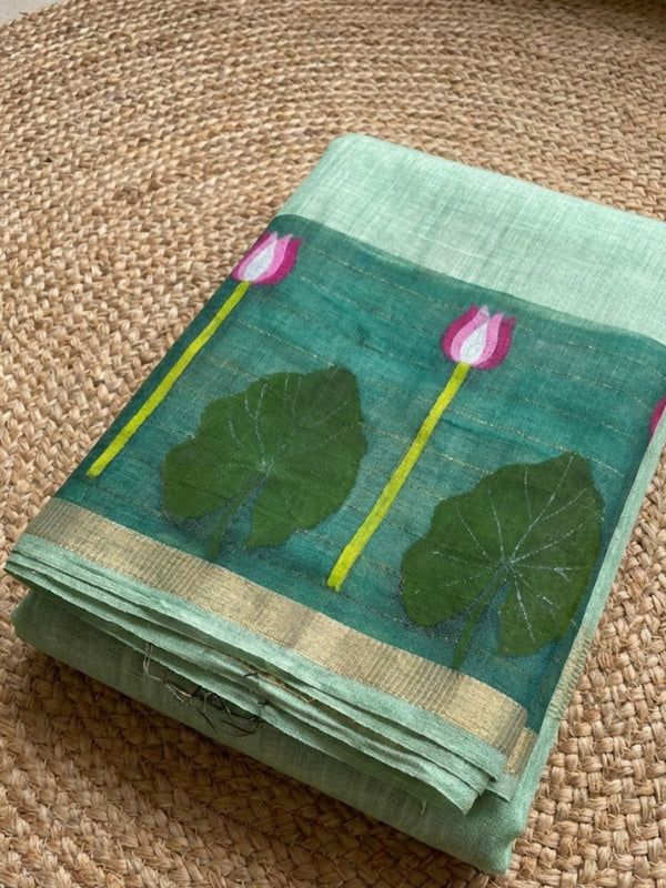 Indiehaat | Handloom Silk Linen Jamdani Saree Green