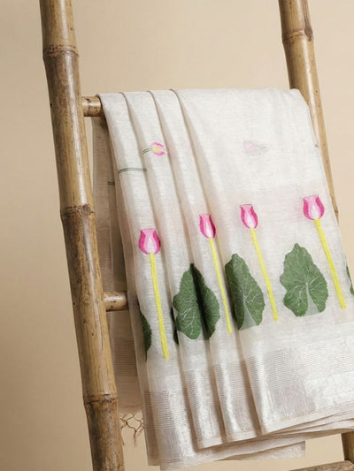 Indiehaat | Handloom Silk Linen Jamdani Saree White