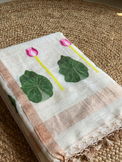 Indiehaat | Handloom Silk Linen Jamdani Saree White