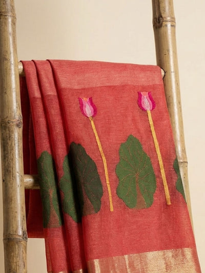 Indiehaat | Handloom Silk Linen Jamdani Saree Red