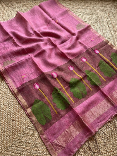 Indiehaat | Handloom Silk Linen Jamdani Saree Pink