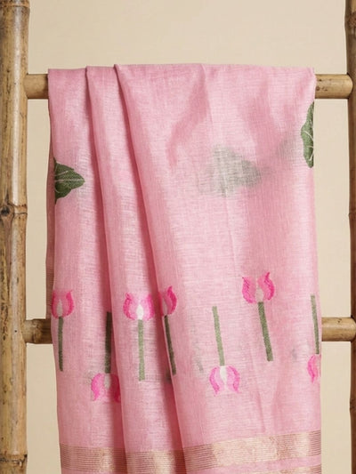 Indiehaat | Handloom Silk Linen Jamdani Saree Pink