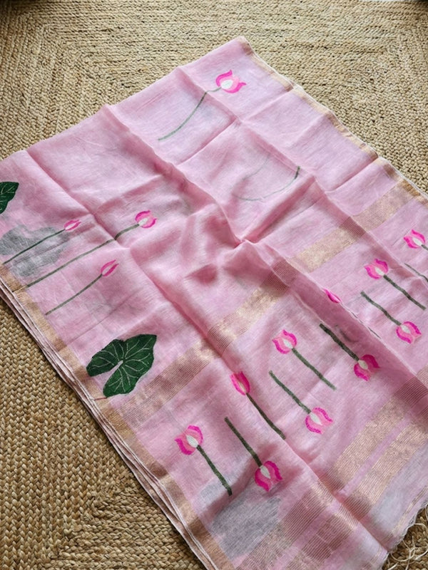Indiehaat | Handloom Silk Linen Jamdani Saree Pink