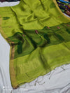 Indiehaat | Handloom Silk Linen Jamdani Saree Green
