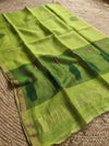 Indiehaat | Handloom Silk Linen Jamdani Saree Green