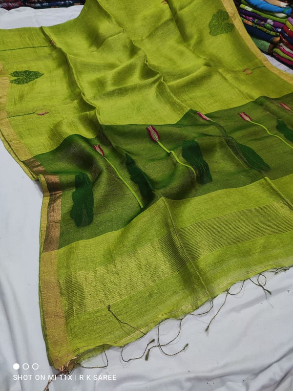 Indiehaat | Handloom Silk Linen Jamdani Saree Green