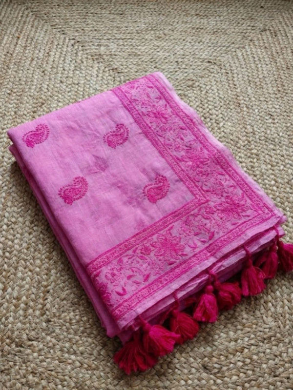 Indiehaat | Pure Mul Cotton Chikankari Saree Pink