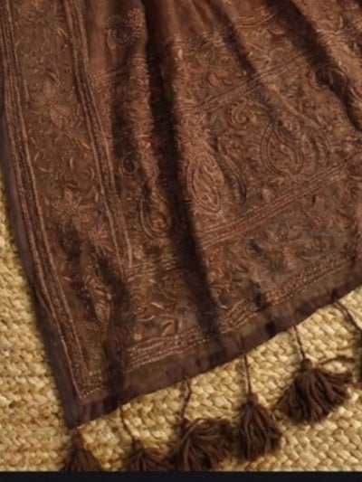 Indiehaat | Pure Mul Cotton Chikankari Saree Brown