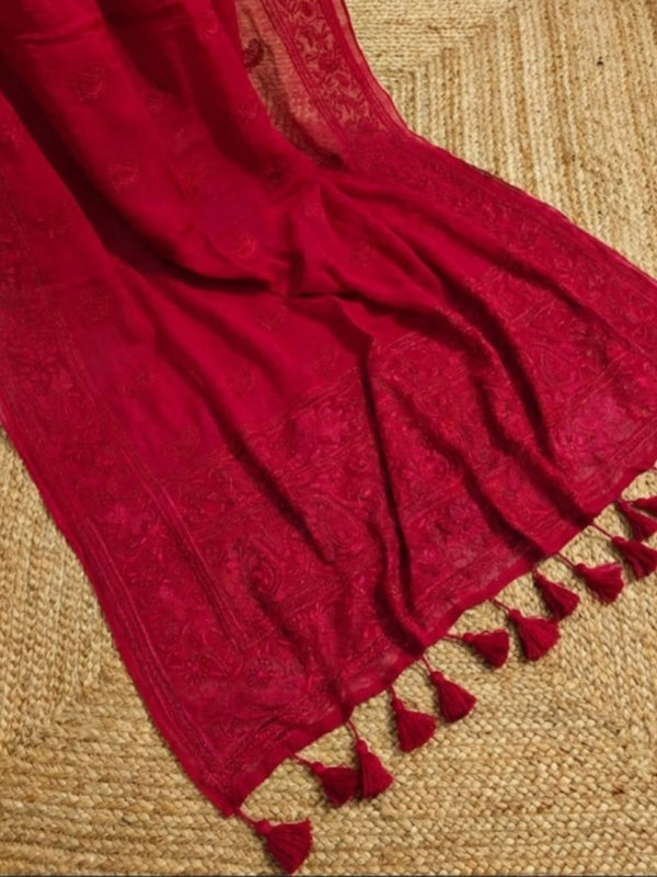 Indiehaat | Pure Mul Cotton Chikankari Saree Red